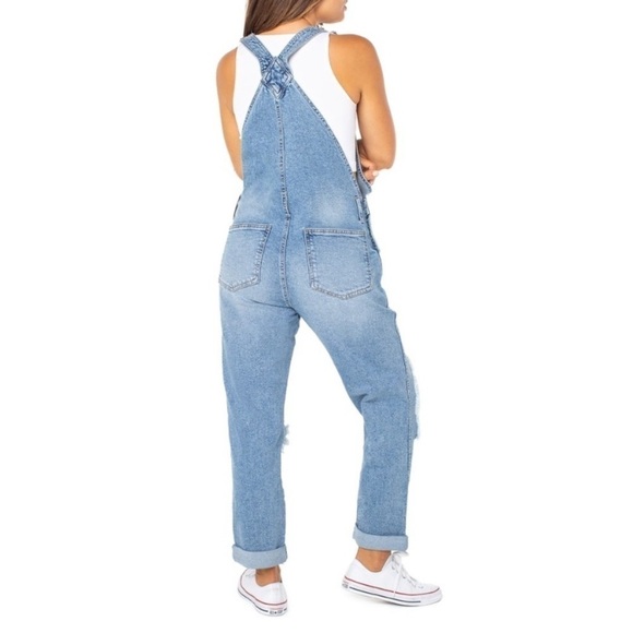 Celebrity Pink Blue Stretch Denim Overalls Distressed Large - Picture 3 of 10